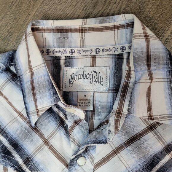 Cowboy Up Brown White Snap Button Down Long Sleeve Size M - Picture 7 of 10